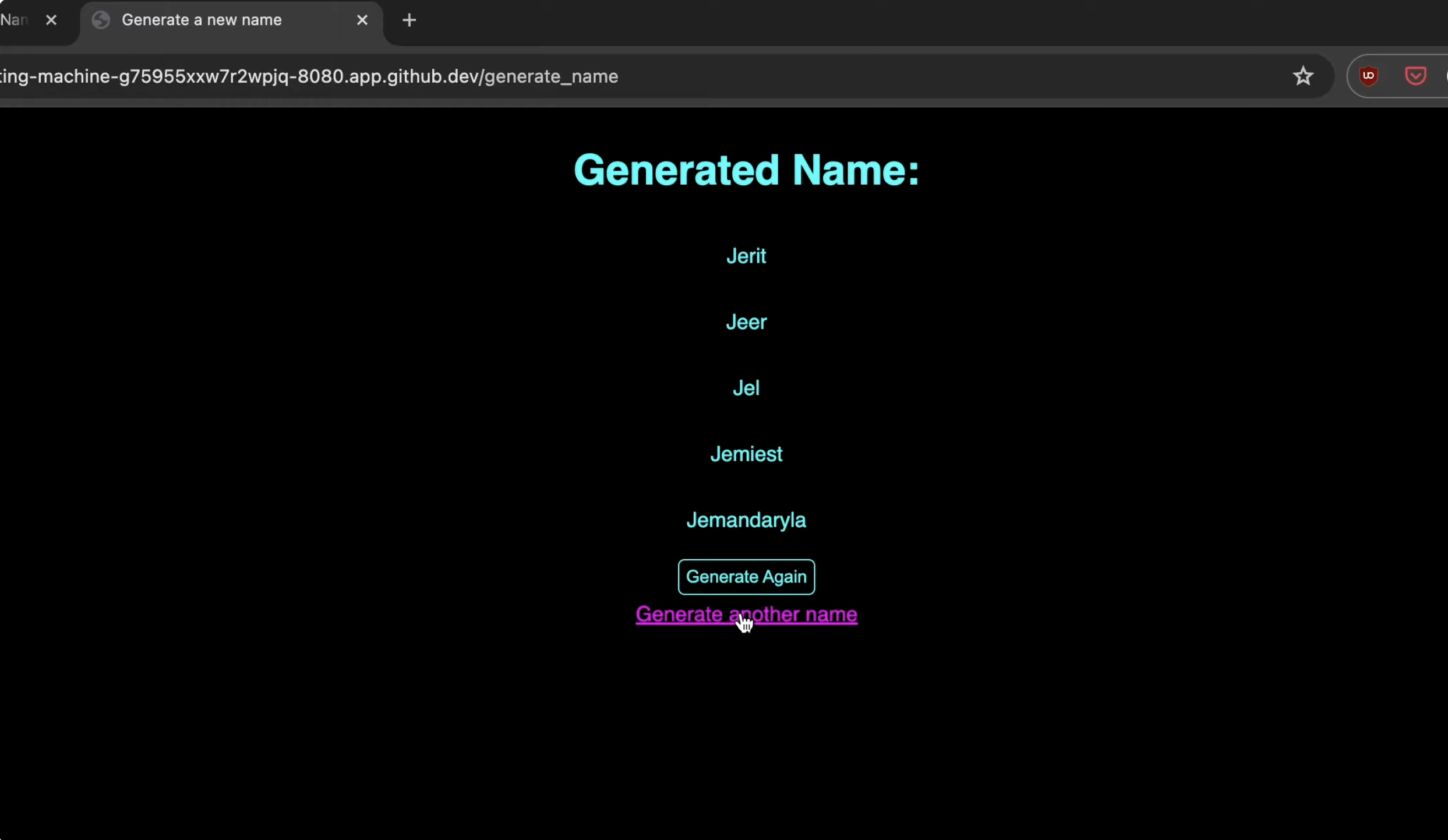 Name Generator project interface